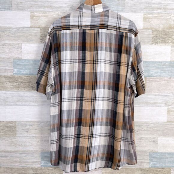 Haupt Germany Linen Blend Lawn Shirt Gray Brown Plaid Short Sleeve Mens Large - Picture 3 of 6